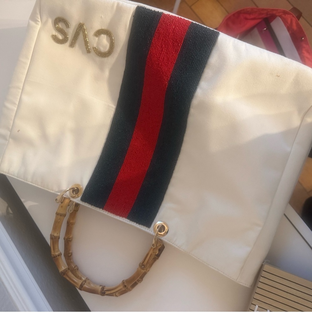 Bamboo handles White Tote with Red and Black Stripe